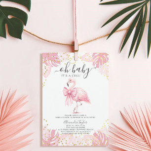 Invitation Flamant rose rose Coquette Baby shower tropical fi