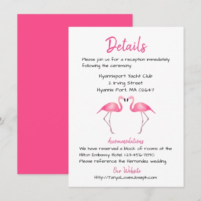 Invitation Flamant rose rose Détails du Mariage Tropical Summ (Devant / Derrière)