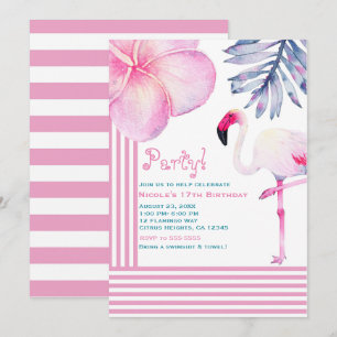 Invitation Flamant rose rose et blanc rayures fête d'annivers