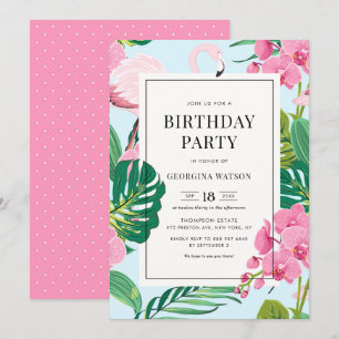 Invitation Flamant rose rose et orchidées Tropical Birthday P