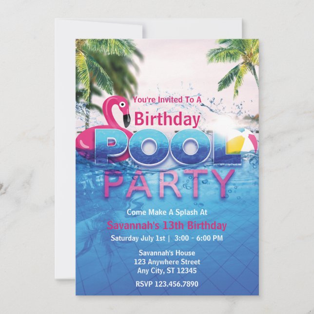 Invitation Flamant rose rose été bord de piscine fête d'anniv (Devant)