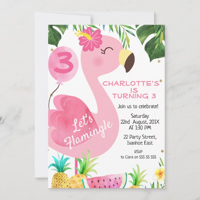 Invitation Flamant rose rose Foliit Flamingle Anniversaire (Devant)