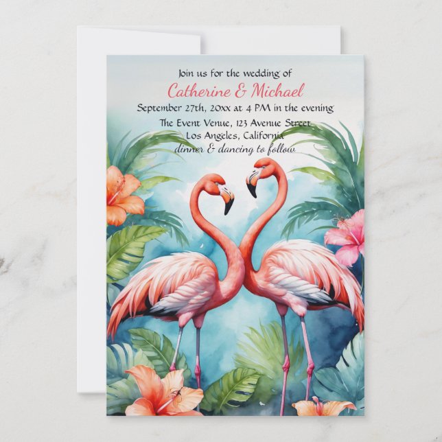 Invitation Flamant rose rose hawaïen Hibiscus QR Code Mariage (Devant)