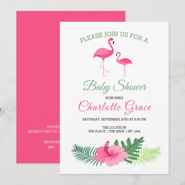 Invitation Flamant rose rose mignon Baby shower personnalisé (Devant / Derrière)