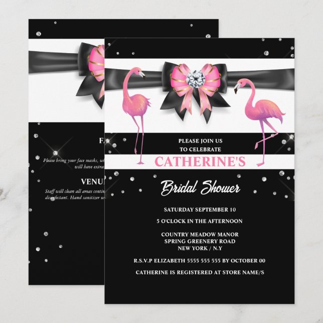 Invitation Flamant rose rose noir douche parties scintillant  (Devant / Derrière)