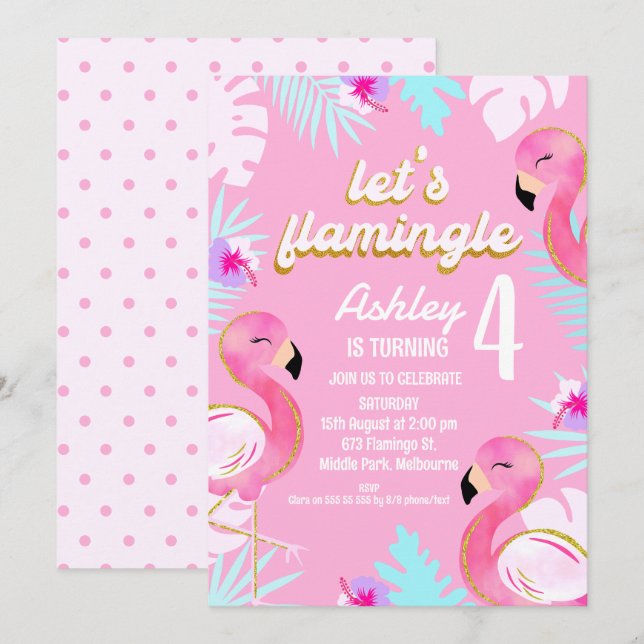 Invitation Flamant rose rose or Flamingle Anniversaire (Devant / Derrière)