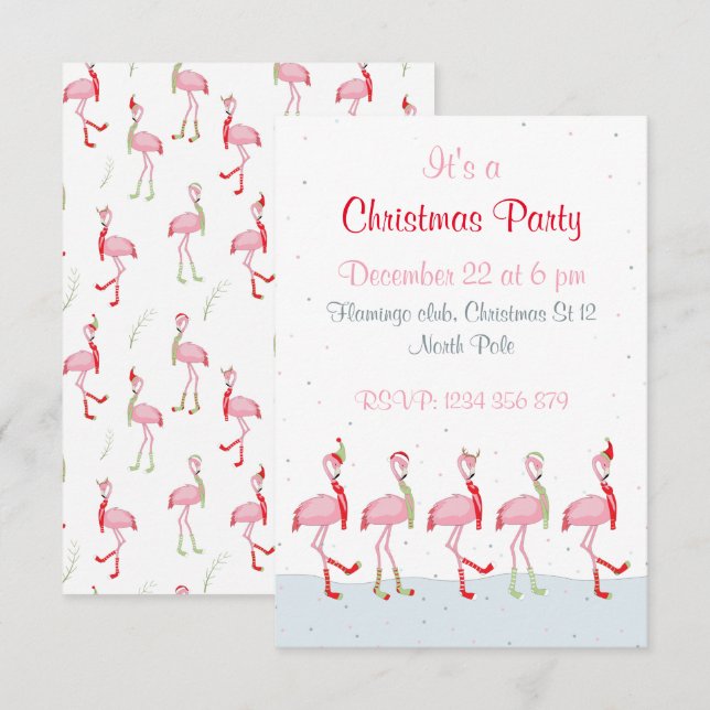 Invitation Flamant rose rose pâle de Noël (Devant / Derrière)