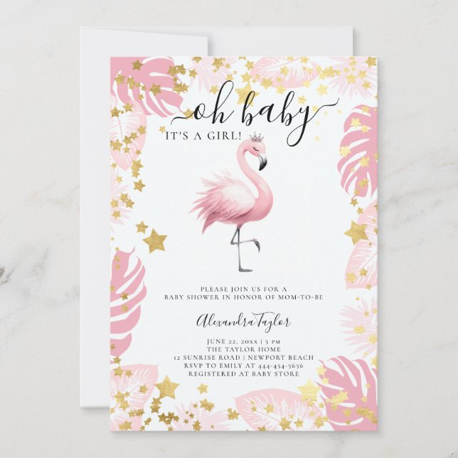 Invitation Flamant rose rose Tiara Star Tropical Girl Baby sh (Devant)