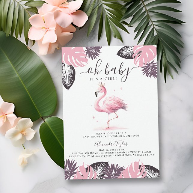 Invitation Flamant rose rose Tiara Tropical Chic Girl Baby sh (pink flamingo baby girl shower invitation cute watercolor tropical invite purple blush summmer fun)