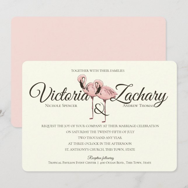 Invitation Flamant rose rose Tropical Beach Wedding (Devant / Derrière)