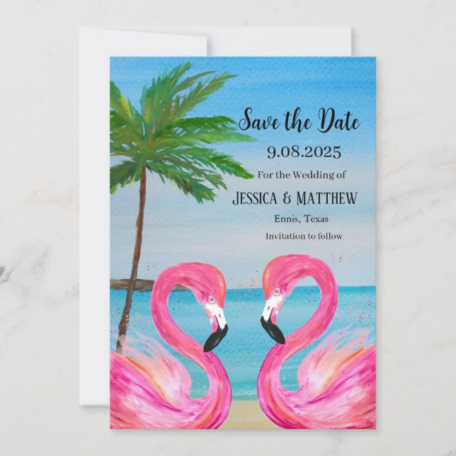 Invitation Flamant rose rose Tropical Beach Wedding (Devant)