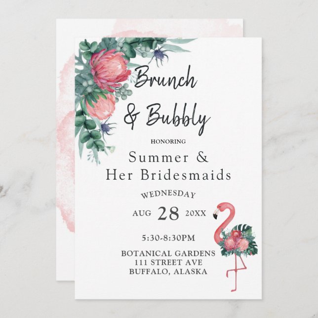 Invitation Flamant rose rose tropical Brunch et Bubbly (Devant / Derrière)
