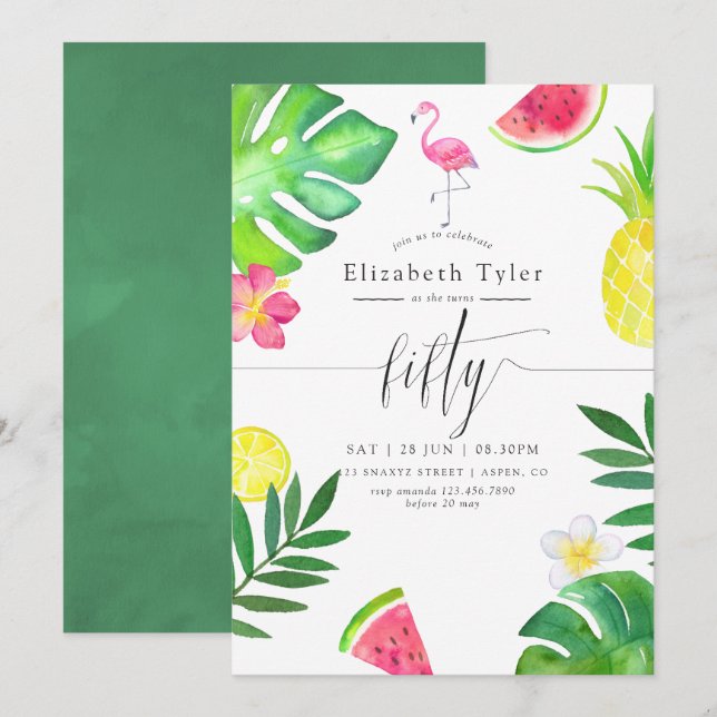 Invitation Flamant rose rose Tropical Exotic 50e fête d'anniv (Devant / Derrière)