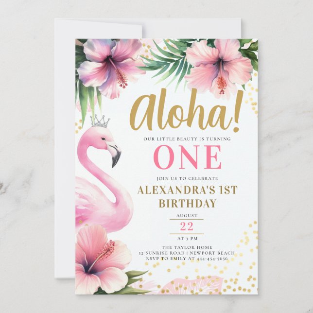 Invitation Flamant rose rose Tropical Gold Aloha 1er annivers (Devant)