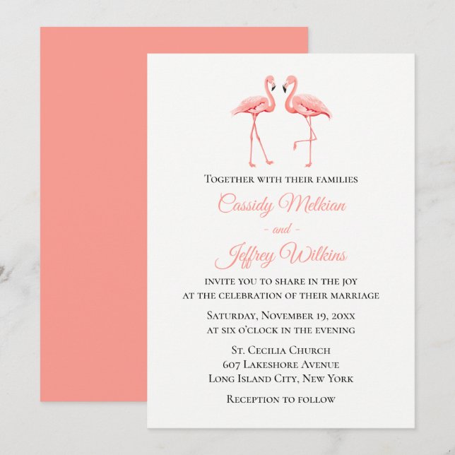 Invitation Flamant rose rose Tropical Mariage mignon Plage d' (Devant / Derrière)