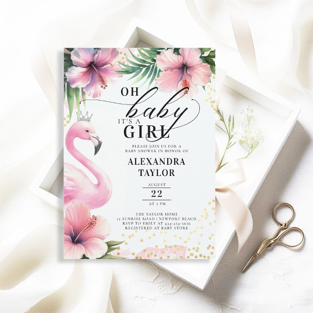 Invitation Flamant rose rose Tropical Pink Gold Girl Baby sho (flamingo baby girl shower invitation pink tropical greenery palm leaf hibiscus floral its a girl)