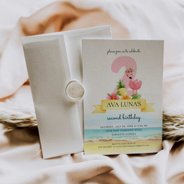 Invitation Flamant rose rose tropicale fille 2e anniversaire (Créateur téléchargé)