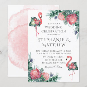 Invitation Flamant rose rose tropicale Peony Mariage floral