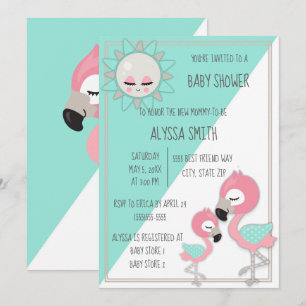 Invitation Flamant rose rose turquoise/vert bébé fille Invita