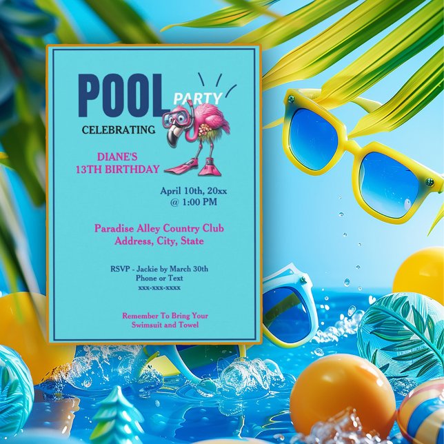 Invitation Flamant rose Scuba Geer Pool Fête Anniversaire (Créateur téléchargé)