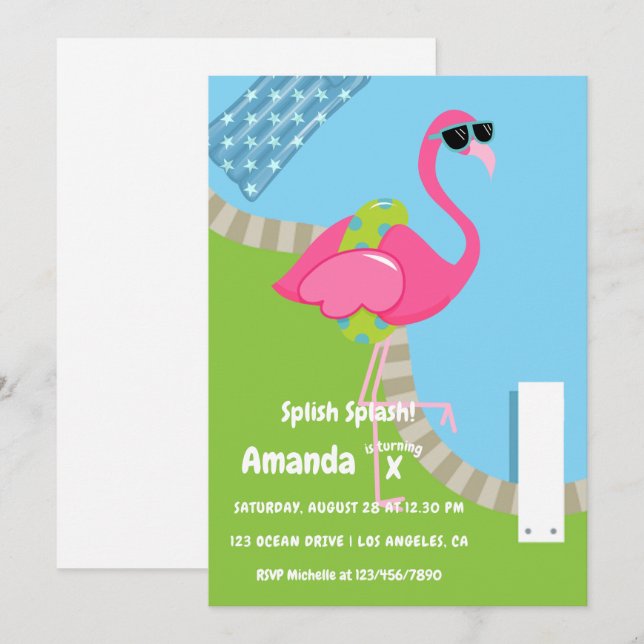 Invitation Flamant rose Summer Splish Splash Anniversaire de  (Devant / Derrière)