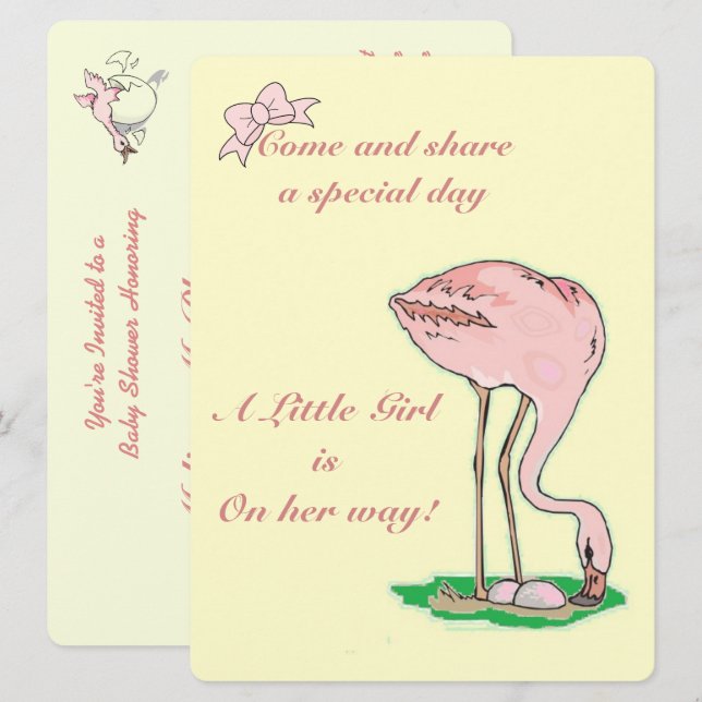 Invitation Flamant rose sur le bébé jaune (Devant / Derrière)