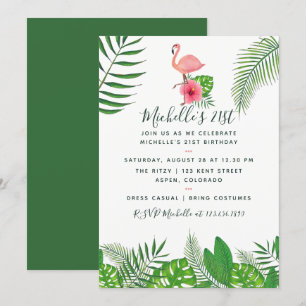 Invitation Flamant Rose Tropical Aquarelle 21e Anniversaire