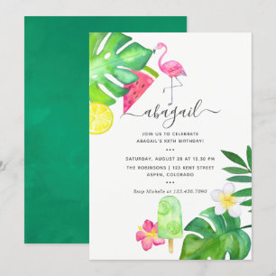 Invitation Flamant Rose Tropical Aquarelle Anniversaire d'Été