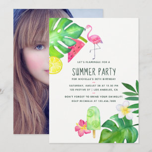 Invitation Flamant Rose Tropical Aquarelle Anniversaire d'Été