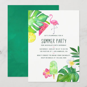 Invitation Flamant Rose Tropical Aquarelle Anniversaire d'Été