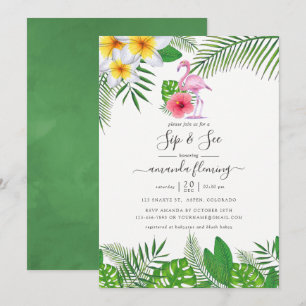 Invitation Flamant Rose Tropical Aquarelle Fille Sip and See
