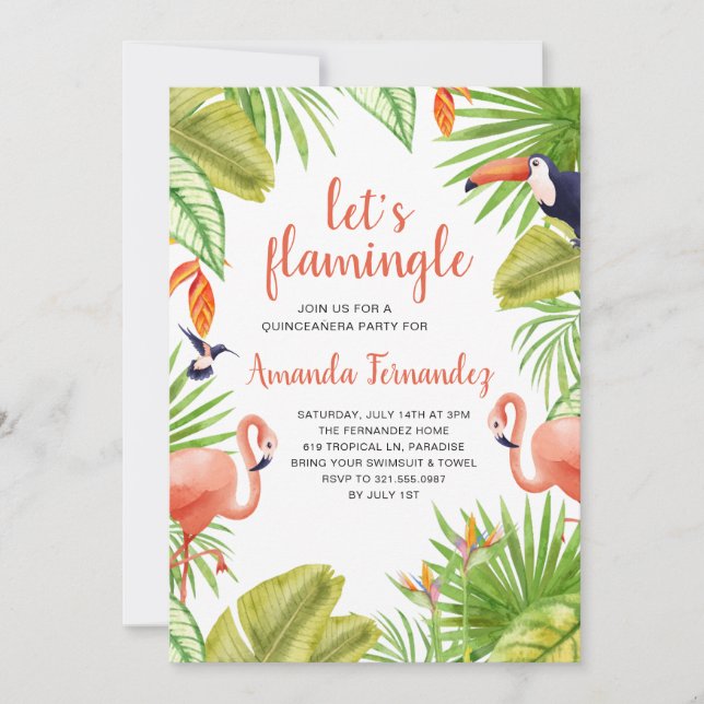 Invitation Flamant rose tropical aquarelle Quinceañera (Devant)