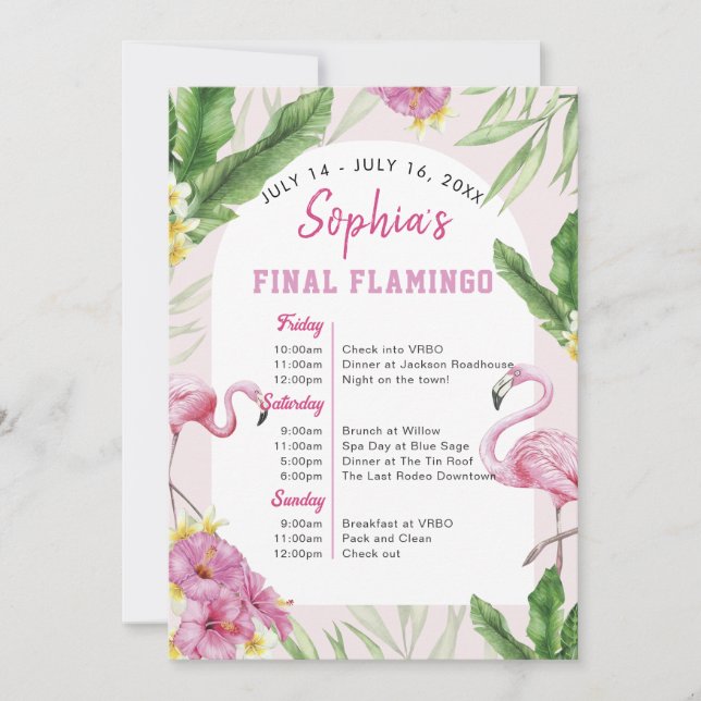 Invitation Flamant rose tropical Bachelorette Itinéraire Invi (Devant)