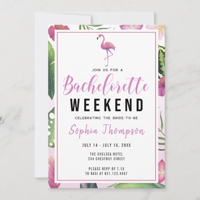 Invitation Flamant rose tropical Bachelorette Week-end Itinér (Devant)