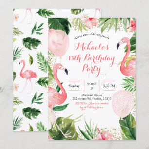 Invitation Flamant rose tropical Bleu rose pâle Anniversaire