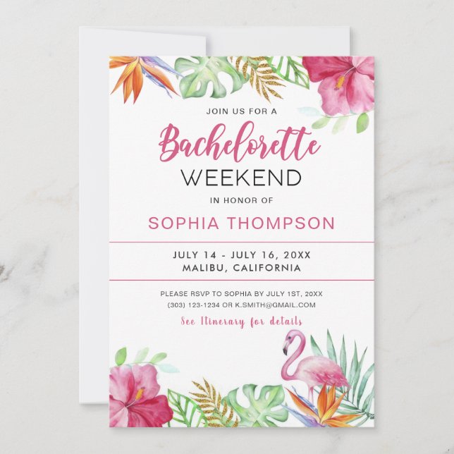 Invitation Flamant rose tropical d'été Bachelorette Invitatio (Devant)