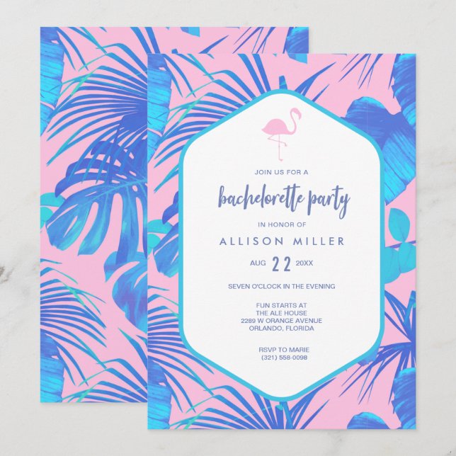 Invitation Flamant rose tropical d'été rose Bachelorette Part (Devant / Derrière)