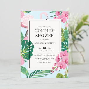 Invitation Flamant rose tropical et orchidée été Couples douc