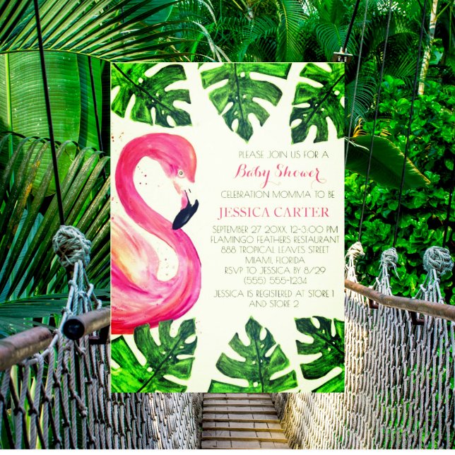 Invitation Flamant rose Tropical Feuille Baby shower Rose Gir (Créateur téléchargé)