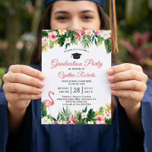 Invitation Flamant rose Tropical Feuilles Floral Graduation P