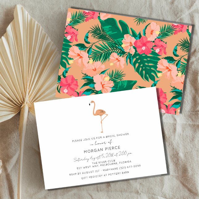 Invitation Flamant rose Tropical Floral Fête des mariées d'ét (Créateur téléchargé)
