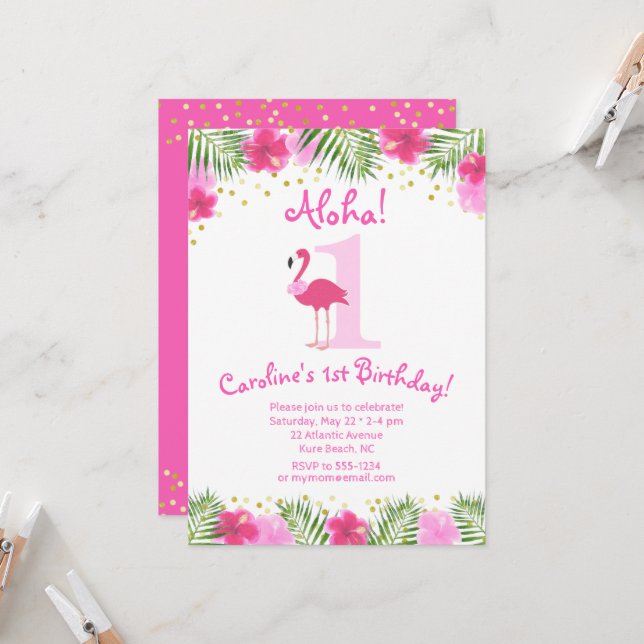Invitation Flamant rose tropical Luau 1er anniversaire fille (Devant/Arrière en situation)