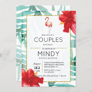 Invitation Flamant rose tropical Palm Couples Douche Invitati