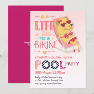 Invitation Flamant rose tropical PISCINE FÊTE Bikini rose Fil