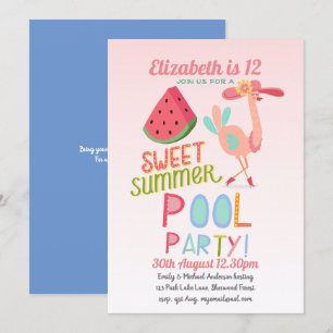 Invitation Flamant rose tropical PISCINE FÊTE Eau rose Melon 