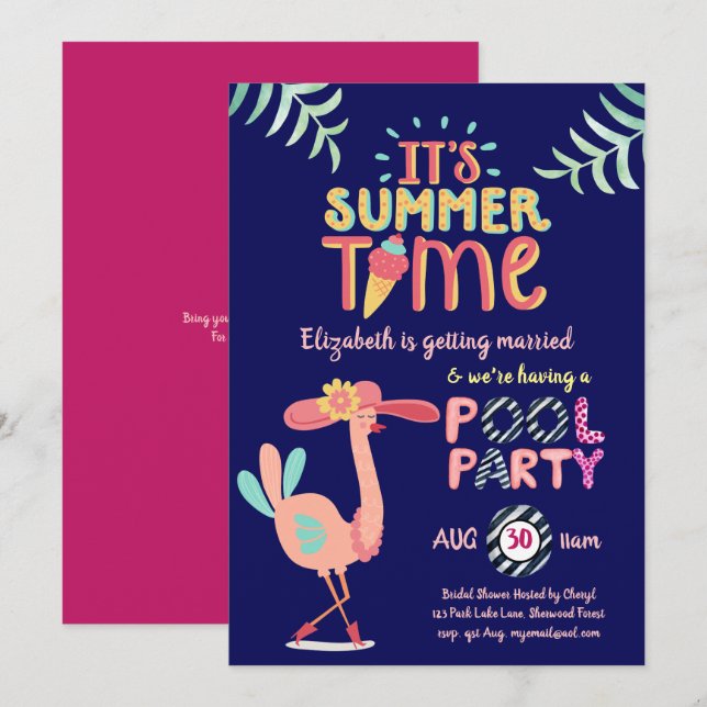 Invitation Flamant rose tropical PISCINE FUN Pink moderne (Devant / Derrière)