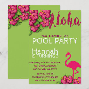Invitation Flamant rose tropical Pool Fête Anniversaire Invit