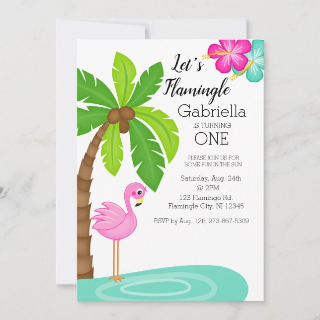 Invitation Flamant rose tropical Premier anniversaire (Devant)