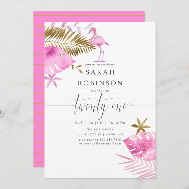 Invitation Flamant rose tropical rose et or 21e fête d'annive (Devant / Derrière)