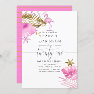 Invitation Flamant rose tropical rose et or 21e fête d'annive